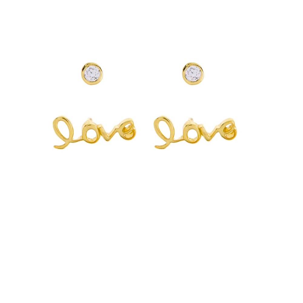 New Argento Vivo 14k Gold Plated Sterling Silver CZ stud & LOVE stud earring Set